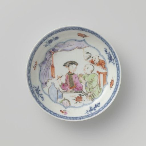 Saucer with a man and woman in an interior in a scalloped panel