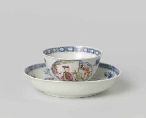 Bell-shaped cup and saucer with a man and woman in an interior in a scalloped panel