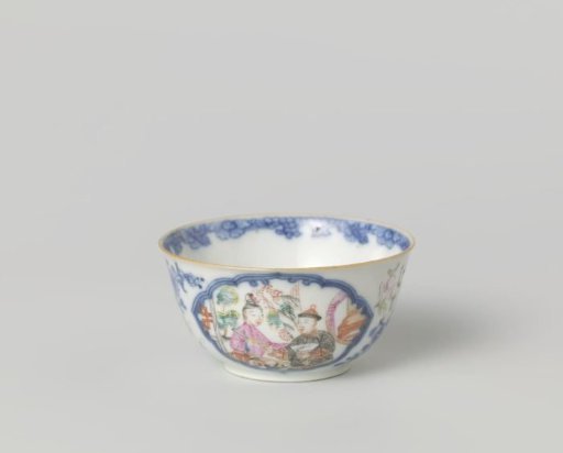 Bell-shaped cup with two figures in front of a pavilion and flower sprays