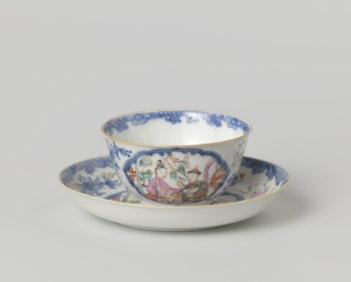 Bell-shaped cup and saucer with two figures in front of a pavilion and flower sprays