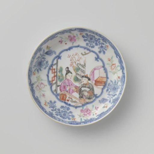 Saucer with two figures in front of a pavilion and flower sprays