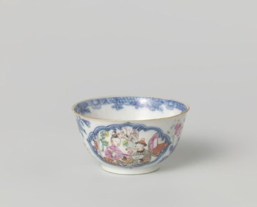 Bell-shaped cup with two figures in front of a pavilion and flower sprays