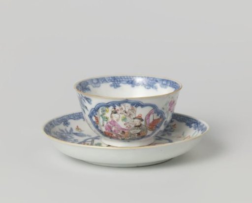Bell-shaped cup and saucer with two figures in front of a pavilion and flower sprays