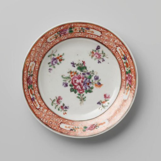 Saucer with bouquets and floral scrolls on a diaper-pattern ground