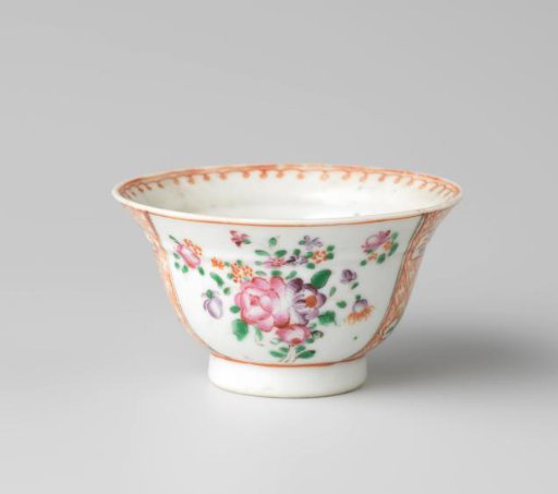 Bell-shaped cup with bouquets and floral scrolls on a diaper-pattern ground