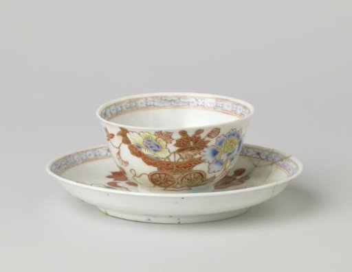 Bell-shaped cup and saucer with a flower basket