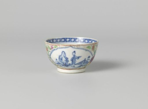 Straight-sided cup with two women in a fenced garden and flower scrolls