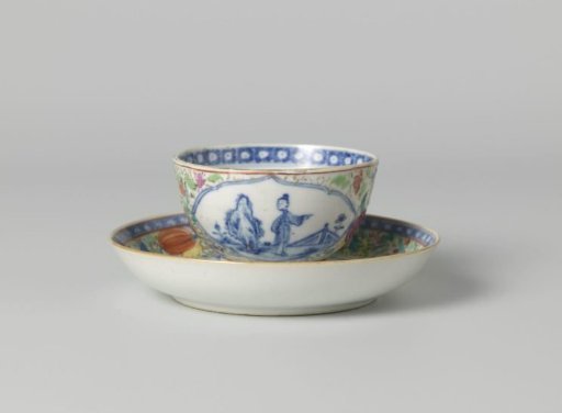 Straight-sided cup and saucer with two women in a fenced garden and flower scrolls