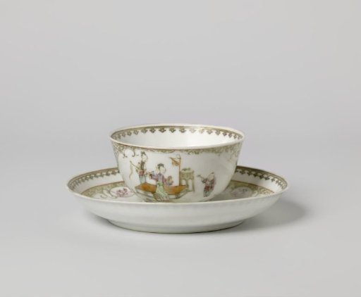 Bell-shaped cup and saucer with women, playing boys and floral scrolls