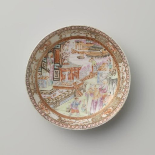 Saucer with figures and animals near pavilion at the waterside