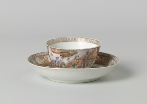 Bell-shaped cup and saucer with figures and animals near pavilion at the waterside