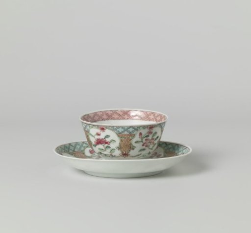 Bell-shaped cup and saucer with a flower basket, floral scrolls and flower sprays