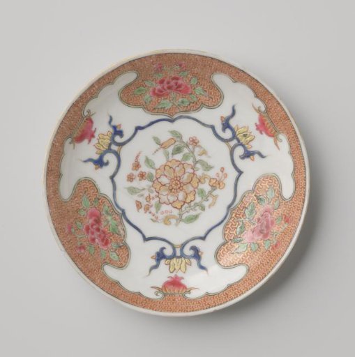 Saucer with flower sprays and flowering plants on a diaper-pattern