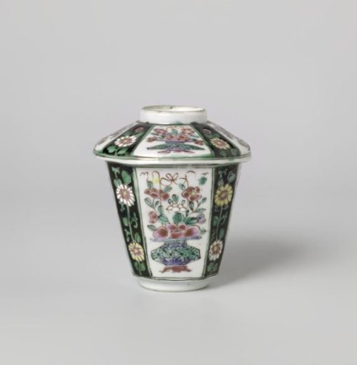 Covered Cup and Saucer with Flower Baskets and Floral Scrolls