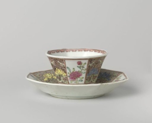 Octagonal cup and saucer with flower sprays and lotus scrolls