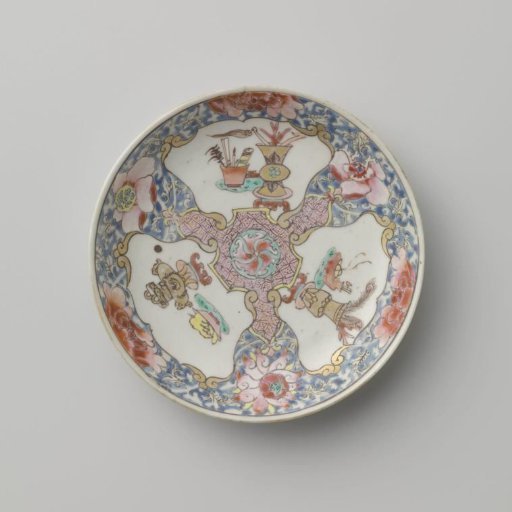 Saucer with antiquities in panels on a ground of floral scrolls