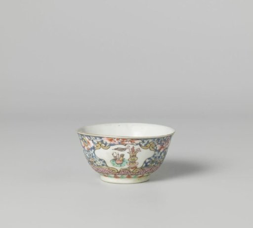 Bell-shaped cup with antiquities in panels on a ground of floral scrolls