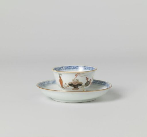 Bell-shaped cup and saucer with antiquities and diaper pattern