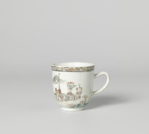 Cup with handle with a river landscape with ships