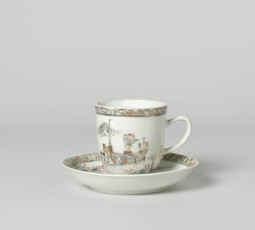 Cup with handle and saucer with a river landscape with ships