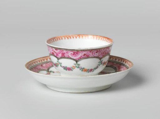 Bell-shaped cup and saucer with a flower group and garlands