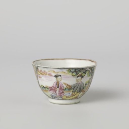 Bell-shaped cup with woman and man in a landscape and scrolls