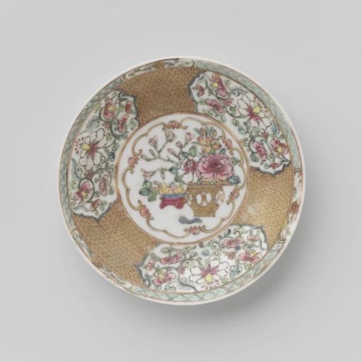 Saucer with fruit basket, flower basket and floral scrolls