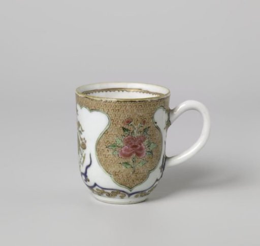 Cup with handle with fruit basket, flower basket and floral scrolls