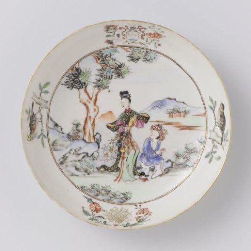Dish depicting Ma Gu and a European coat of arms