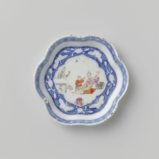 Teapot stand with two women and a boy with butterflies and flower sprays