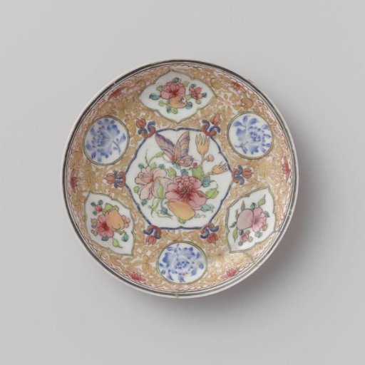 Saucer with ruby back, flower scrolls, fruit and butterfly