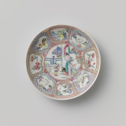 Saucer with woman and boy near a pavilion and panel decoration with landscapes