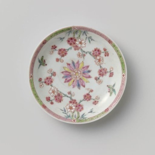 Saucer with stylized flower, prunus trees and birds
