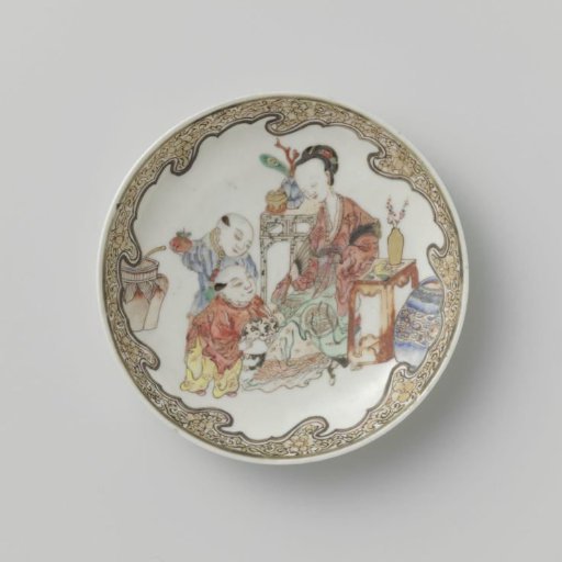 Saucer with a seated woman and two boys amid antiquities