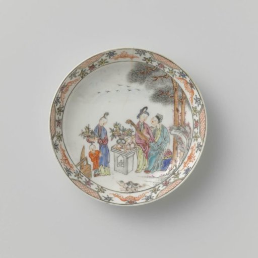 Saucer with three women and a boy in a garden