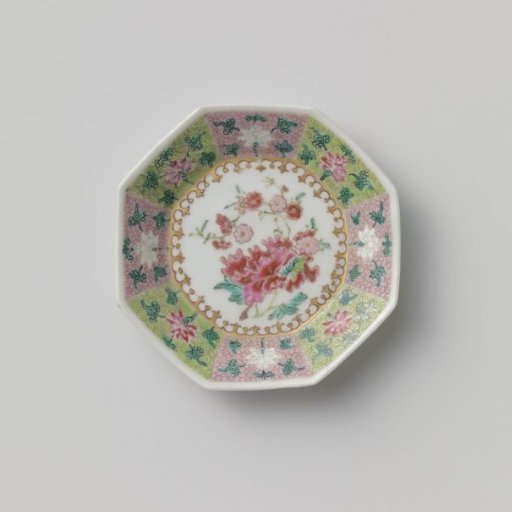 Octagonal saucer with peony spray and lotus scrolls