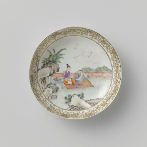 Saucer with a woman, man and child in a fenced garden