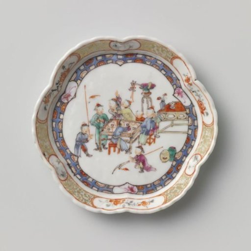 Teapot stand with men around a table, precious objects and flower sprays