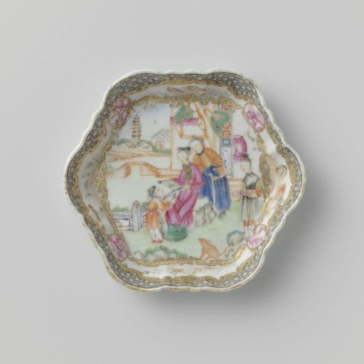 Teapot stand with a family and servant in a fenced garden near a pavilion