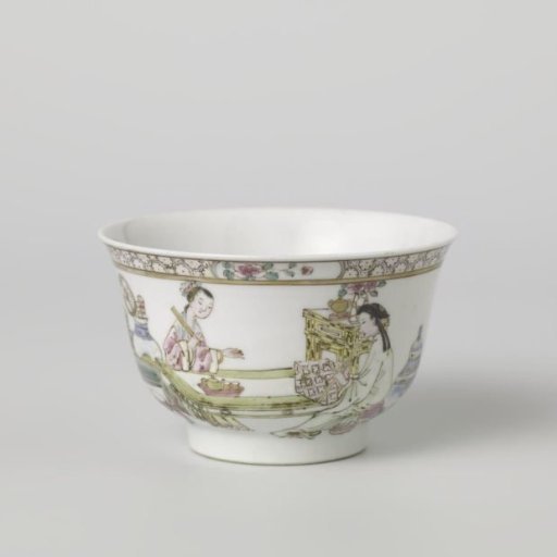 Bell-shaped cup with two women at a table surrounded by objects