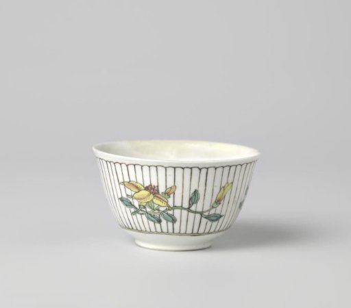 Bell-shaped cup with three flower sprays on a vertically striped ground
