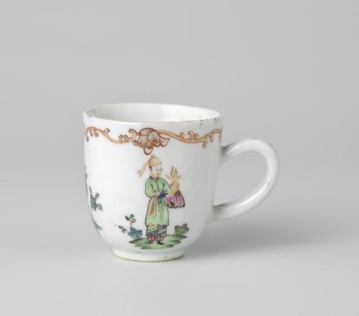 Cup with handle with a man and woman holding a bird