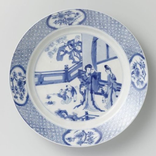 Plate with women and children on a fenced terrace in front of a pavilion