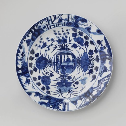 Dish with flower sprays and figures in an interior and in a landscape