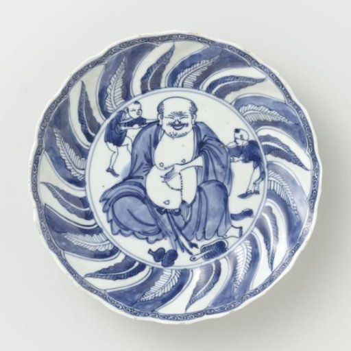 Saucer-dish with Budai and two servants