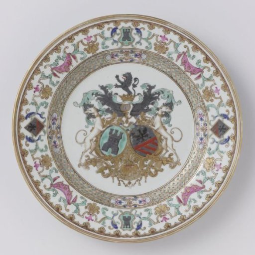 Shield with the coat of arms of the De La Bistrate and Proli families, diaper pattern and European ornamental border
