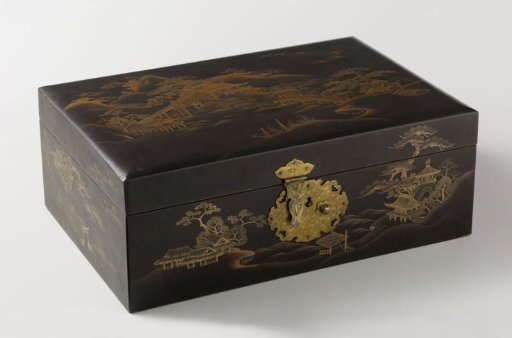 Cassette, lacquerware, decorated with landscapes and mountains