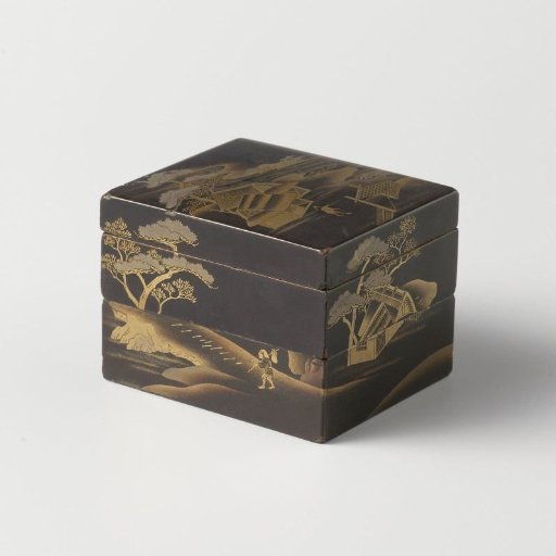 Box, Black Lacquer, with Gilded Landscapes and Buildings