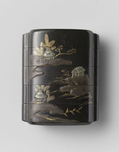 Inro, black lacquer with a river landscape in maki-e