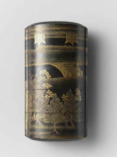 Inro, black lacquer with a bridge in mist and pine trees in maki-e